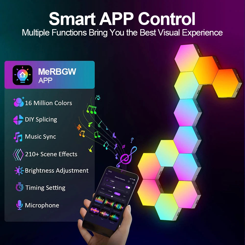 Roomara™ RGB Hexagon Wall Lights – Smart Modular LED Panels with App Control for Gaming Rooms & Aesthetic Decor