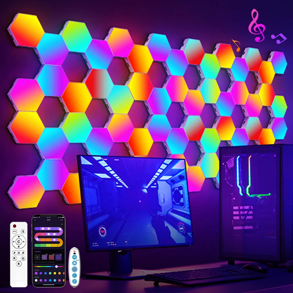 Roomara™ RGB Hexagon Wall Lights – Smart Modular LED Panels with App Control for Gaming Rooms & Aesthetic Decor